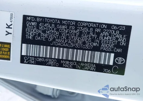 2023 Toyota Prius Le z USA, uszkodzony, nr VIN JTDACAAU3P3010307